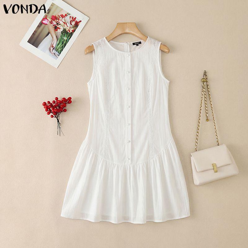 VONDA Summer Women O Neck Sleeveless Embroidery Crochet Casual Long Ruffled Tank Dress S