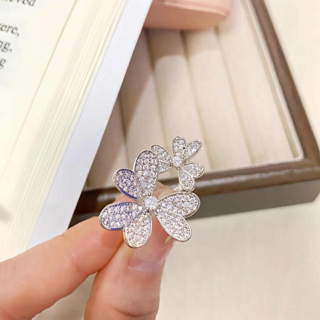 Luxury Double Clover Heart Diamond Adjustable Ring