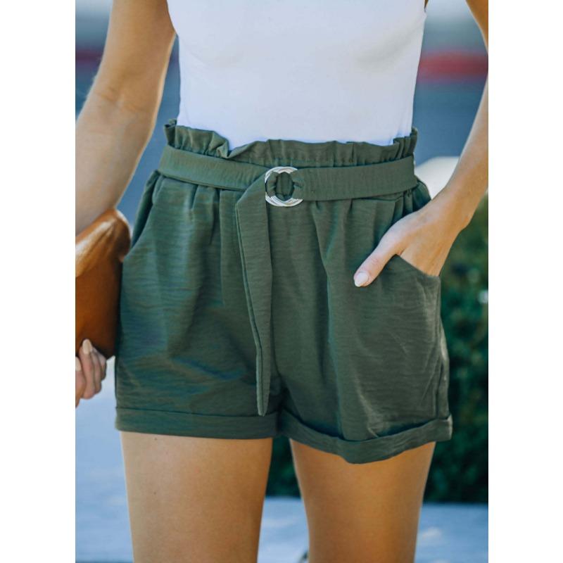 Women Summer Solid Color High Waist Loose Lace Up Pocket Casual Shorts