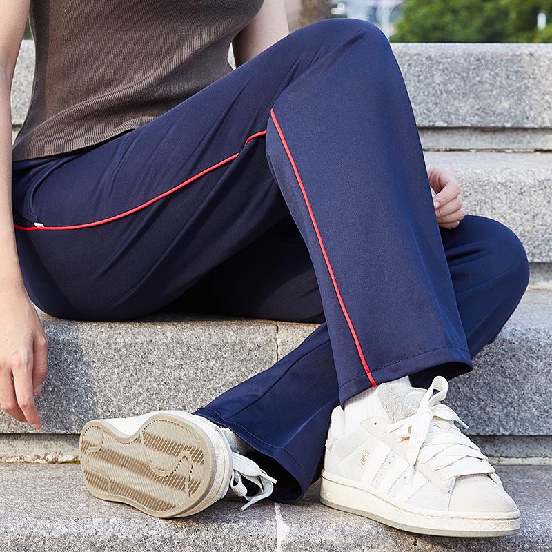 Unisex Dark Blue School Trousers with Thin Red Stripes, Loose Straight Leg, Summer Thin Style, Perfect for Spring/Autumn Sports.