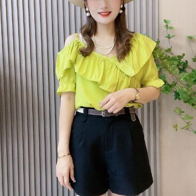 New Summer Niche Ruffle Short-sleeved Shirt for Women with Off-shoulder Leaking Collarbone Chiffon Fashionable Shirt Top