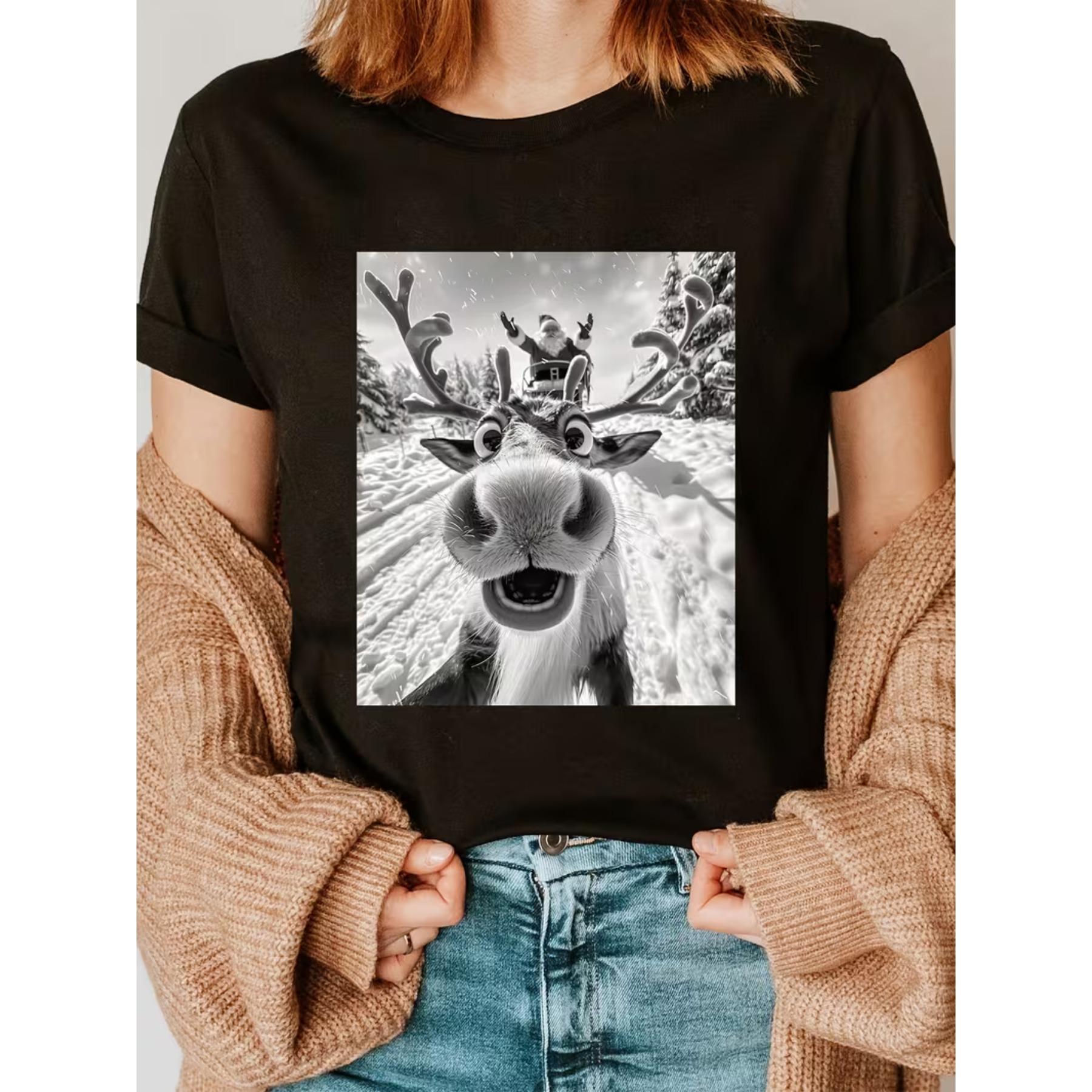 

Селфи лося с Санта-Клаусом - Футболка с принтом, Повседневная футболка с коротким рукавом и круглым вырезом для лета и весны S чёрный