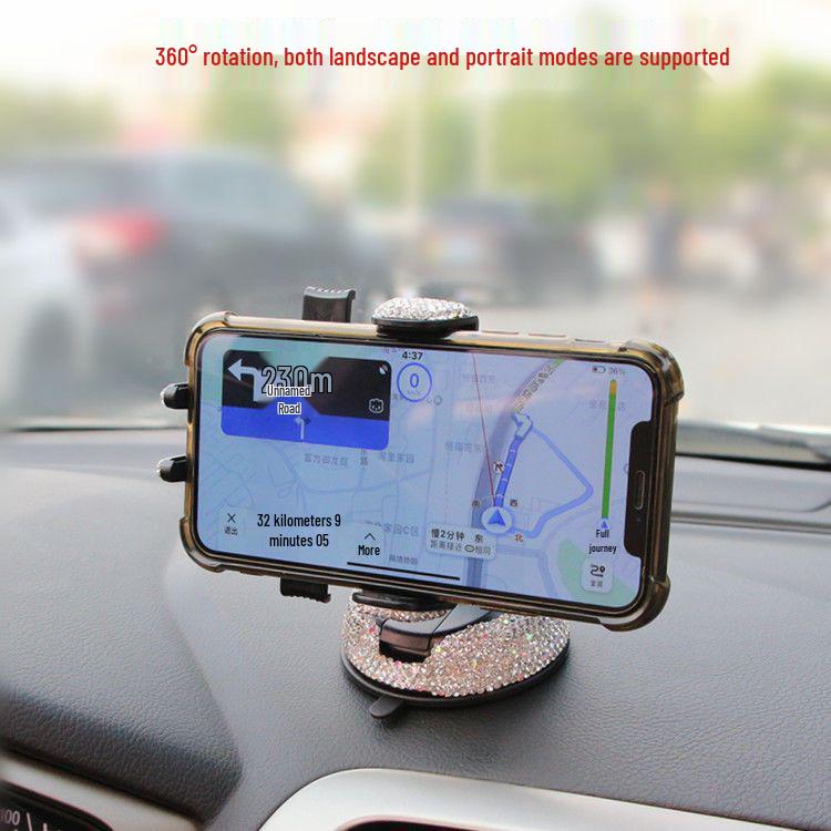 Rhinestone Car Phone Holder: Horizontal Suction Cup for Center Console, Multi-Functional Navigation Support