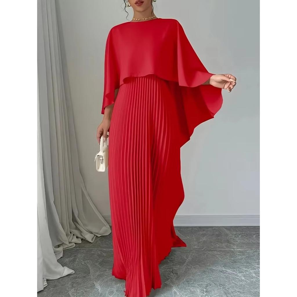 Spring Summer Elegant Crew Neck Pleated Dresses Women Casual Solid Loose Long Dress Cloak Sleeves Ruffle Maxi Dress Vestidos