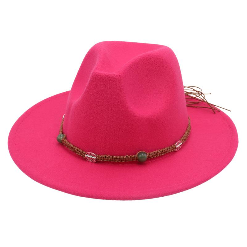 2023 New Top Hat Jade Accessories Woven Fleece Belt Foreign Trade Jazz Hat Big Eaves Show Small Face Big Head Circle Felt Hat