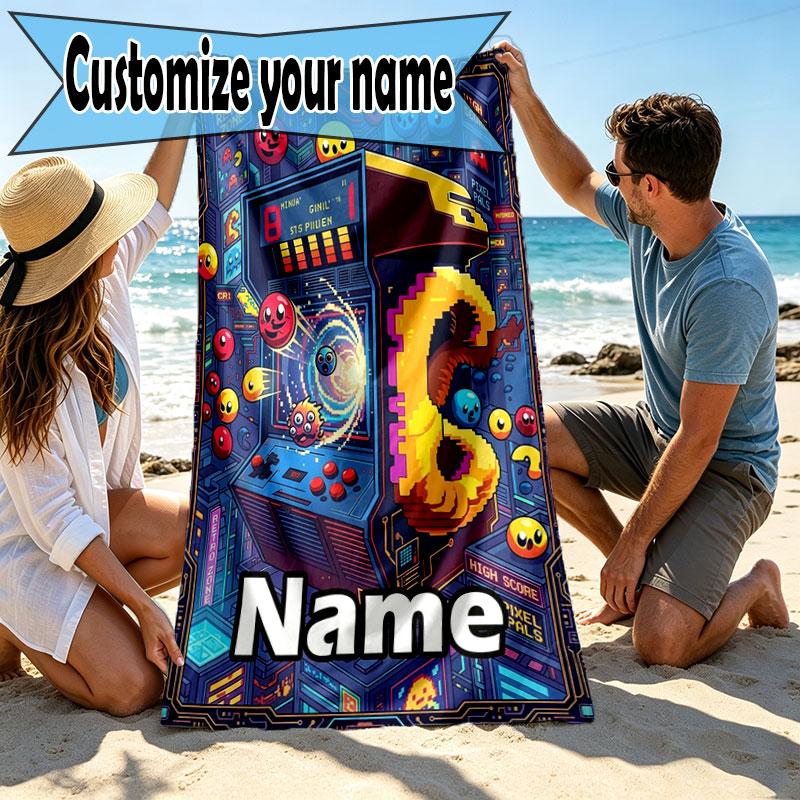 Custom Name Personalized PAC MAN Print Beach Towel, for Trip Camping Beach Party Home Decor, Birthday Gift for Family & Friends