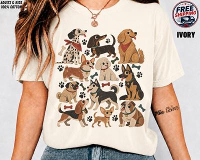 Vintage Dog Breeds Graphic Tee, Dalmatian Corgi Pug Beagle Husky Dachshund Cotton Shirt