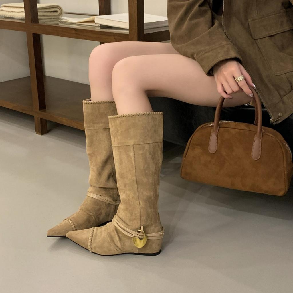 Sleeve stacking boots 2025 autumn new wedge heel metal buckle tip inner height increase matte leather high boots