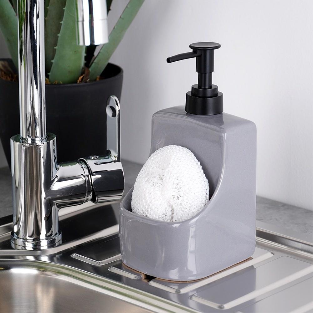 Dishwashing liquid dispenser with sponge container and sponge, ceramic, gray, 400 ml