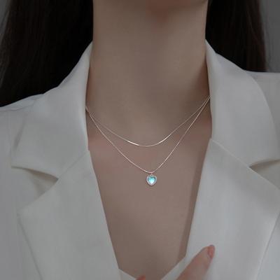 Collana in argento sterling S925 con pietra lunare Love Moonlight, nuova dolce collana con pietra preziosa graduale a forma di cuore di pesca, catena a serpente e osso