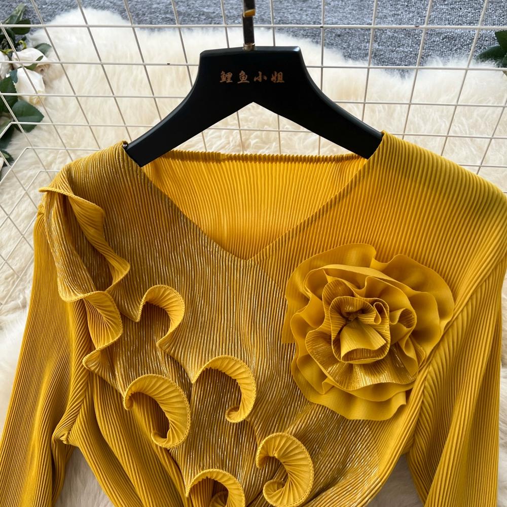 Autumn Winter Women Elegant 3D Flower Ruffles Miyake Fold Christmas Party Oversized Loose Lace-up Dresses