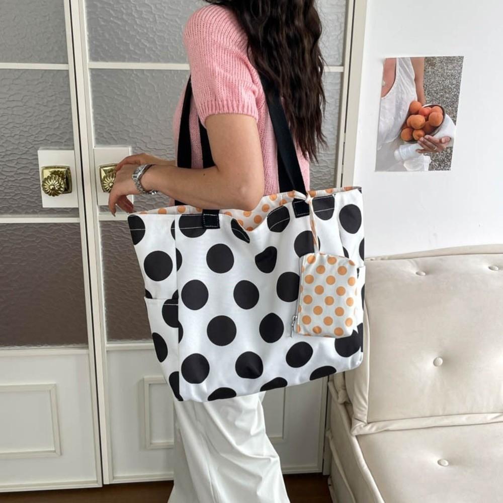 Large Capacity Double-sided Tote Bag Zipper Casual Shoulder Bag Nylon Polka Dot Bag  Versatile Use