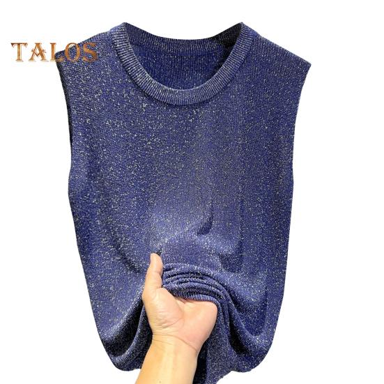 

Женские топы-безрукавки с круглым вырезом, без рукавов, однотонные, свободного кроя, из ледяного шелка, дышащие, универсальные, жилеты темно-синий
