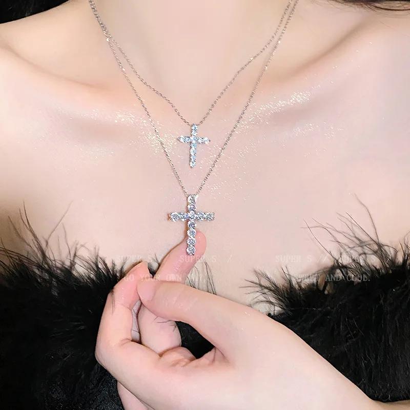 2024 Punk Neo-Gothic Shiny Zircon Double Cross Necklace for Women Fashionable Accessorize Daily with Anniversary Gifts