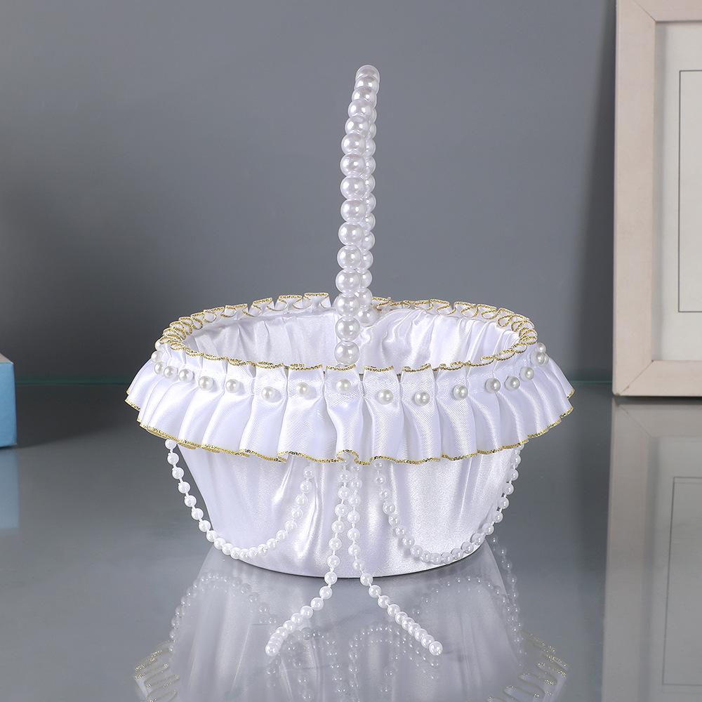 European White Pearl Flower Girl Basket – Satin Trim for Wedding Petals