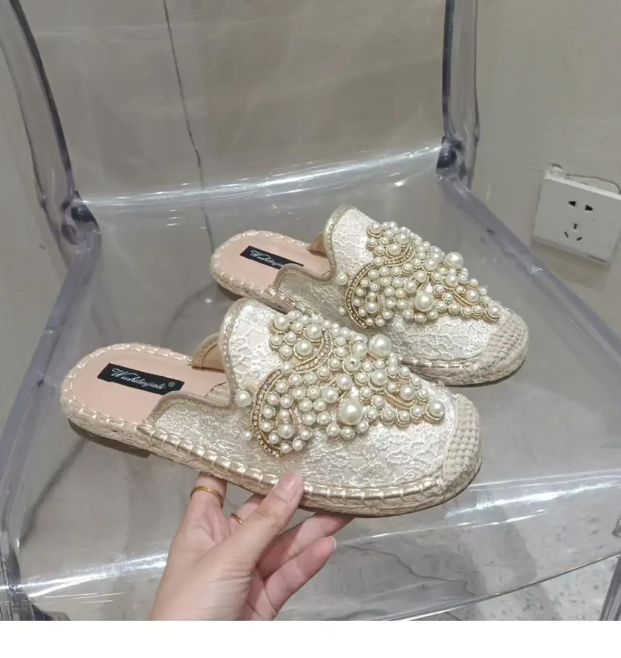 Fashion 2025 New String Bead Half Slippers Spring Slides Women Shoes Pearl Hemp Women Cotton Fabric Lace Shoes 43 3266₽