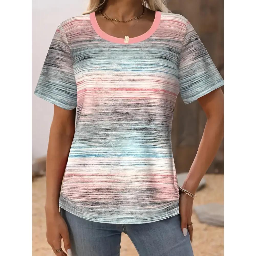 Classic women's striped printed round neck short sleeved shirt