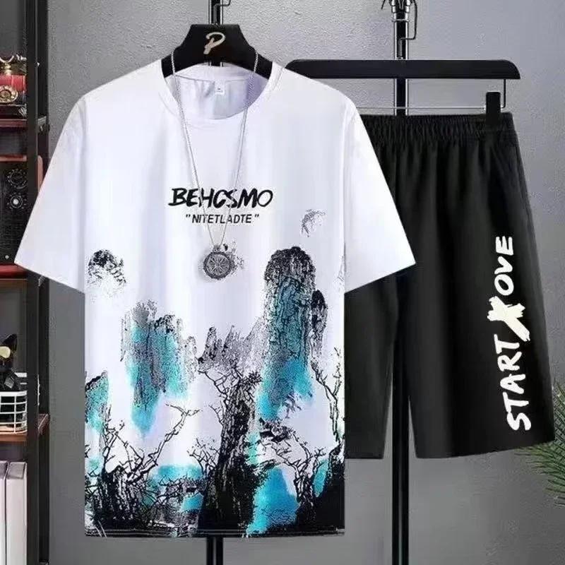 Summer T Shirt for Men Casual Set Silk Gradient Short Men Sleeve T-shirt Shorts Set Men's Sport Set Outfit Y2K Male Clothing