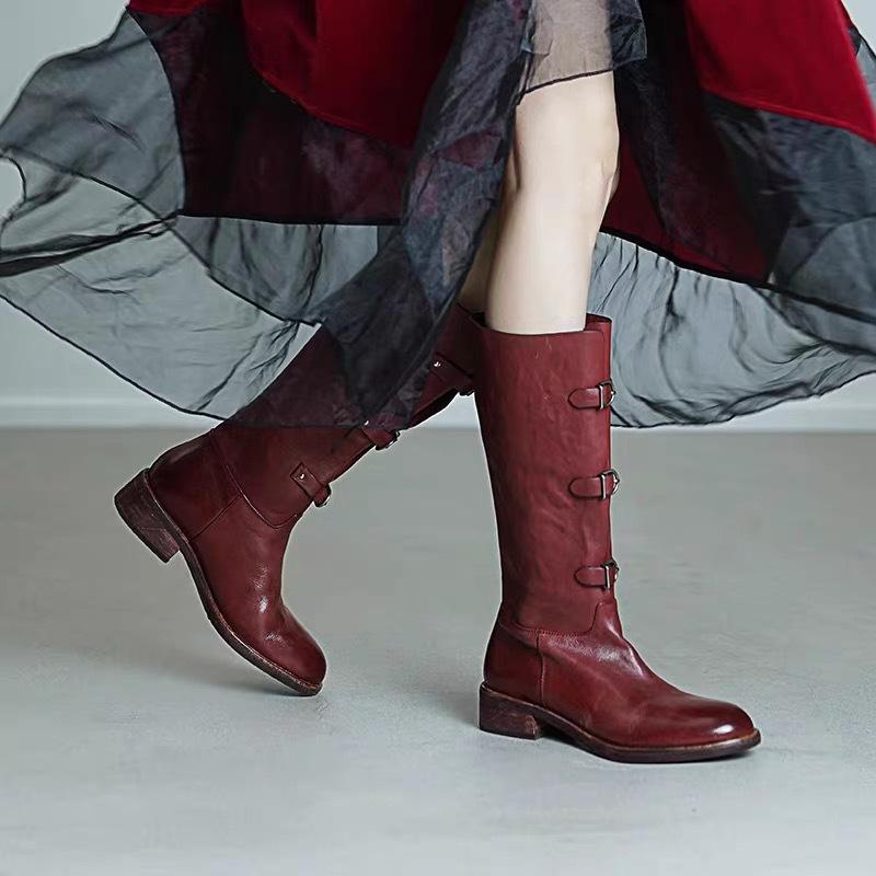 Washed horse skin British style retro thick heel boots women's ankela red merard knight boots tall locomotive boots
