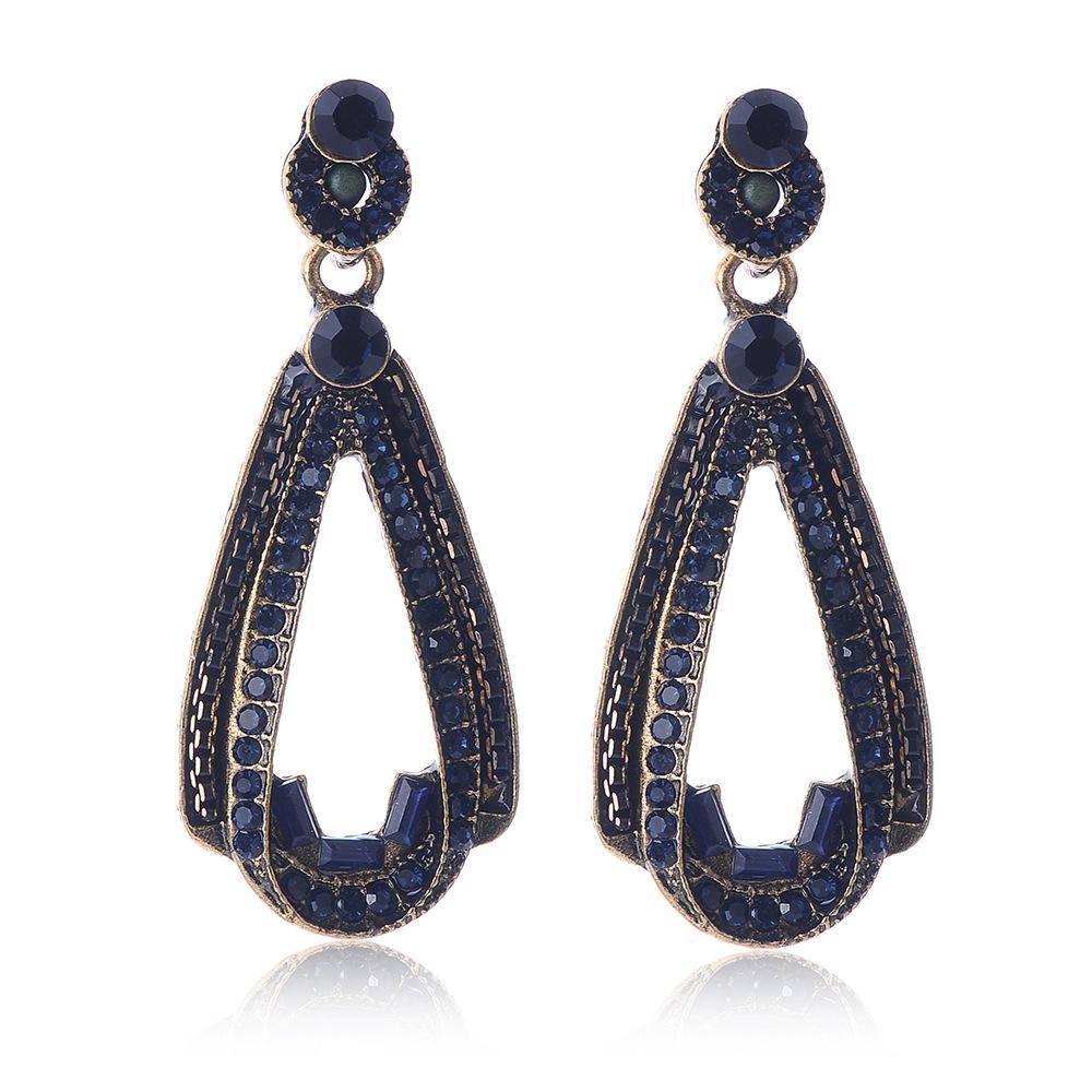 European  American Retro Blue Crystal Water Drop Stud Earrings