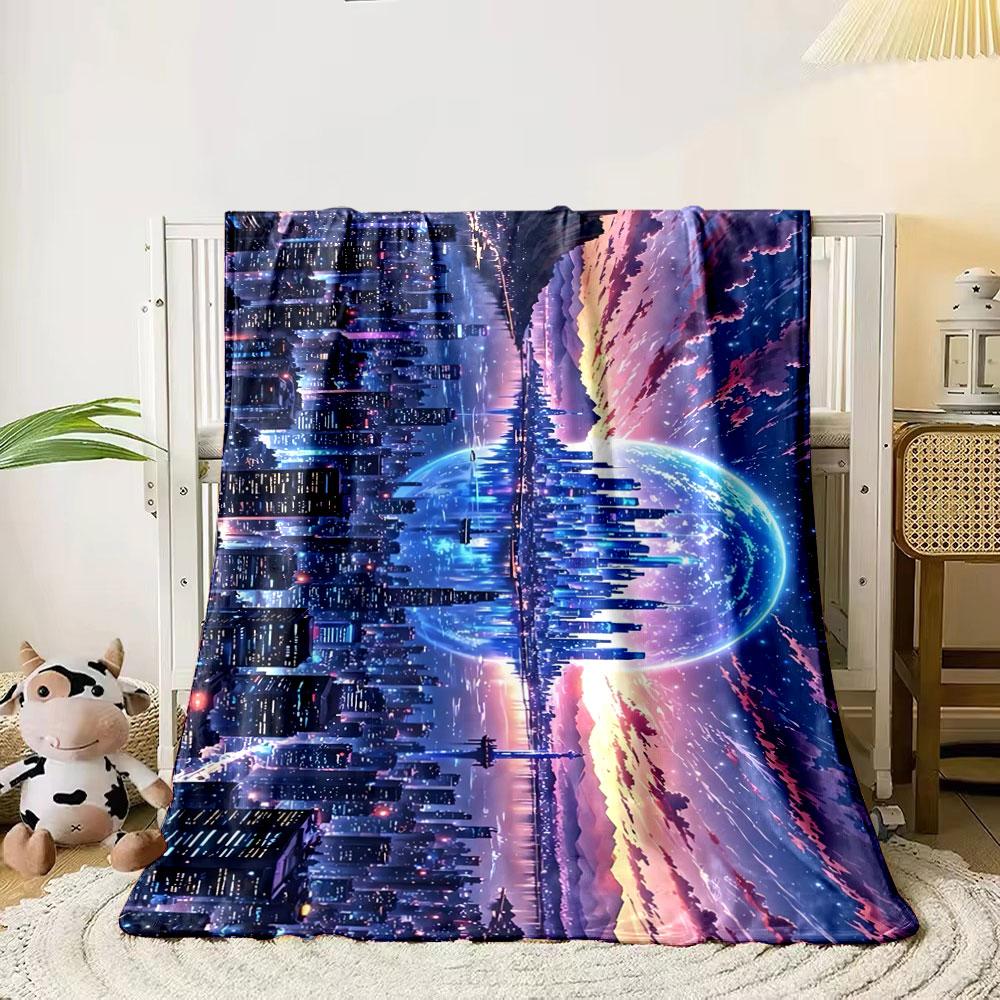 A futuristic mirrored cityscape with glowing buildings and a vibrant sky. for all seasons blanket lunch break throw gift 80cm x 120cm