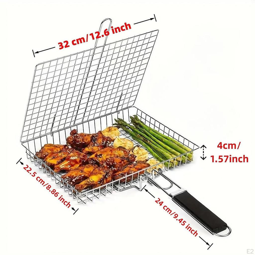 Grill Basket Net BBQ Tool Havy Duty Portable with Removable Handle Stainless Steel for Patio Outdoor