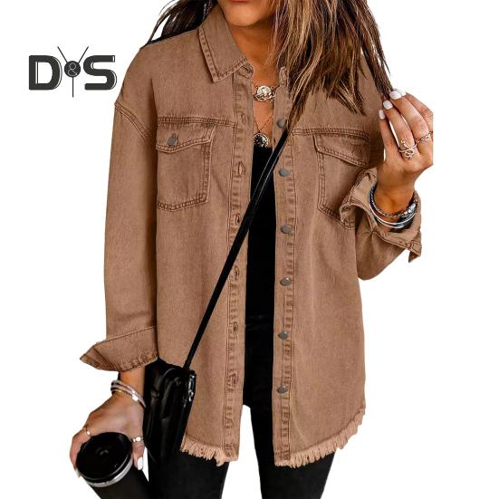 

Женское джинсовое пальто с нагрудными карманами, отложным воротником, однобортный, однотонный, свободный кардиган с длинными рукавами и оттертым краем XXL коричневый