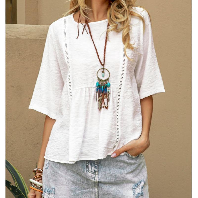 DAFIFY Women's Fashion Casual Summer Spring Solid Color Print 1/2 Sleeves O-Neck Blouses & Shirts