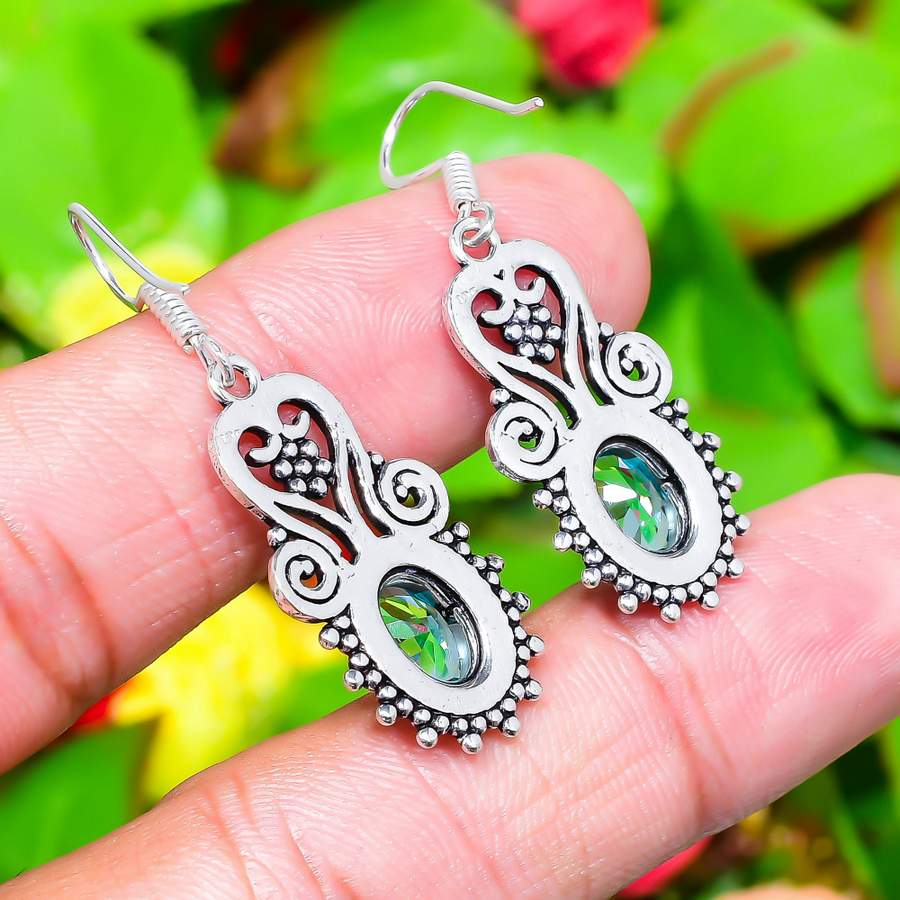 Natural Blue Topaz Gemstone Handmade 925 Sterling Silver Earring 1.77" W2J09