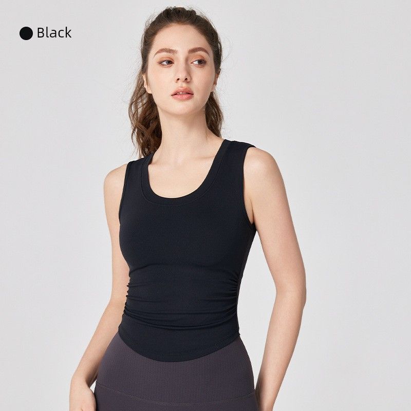 

Nuls With Chest Pad Curved Hem Yoga Clothes Vest Gyaru Sexy Slim fit U Collar Slimming Stretch Sports Top Black XL