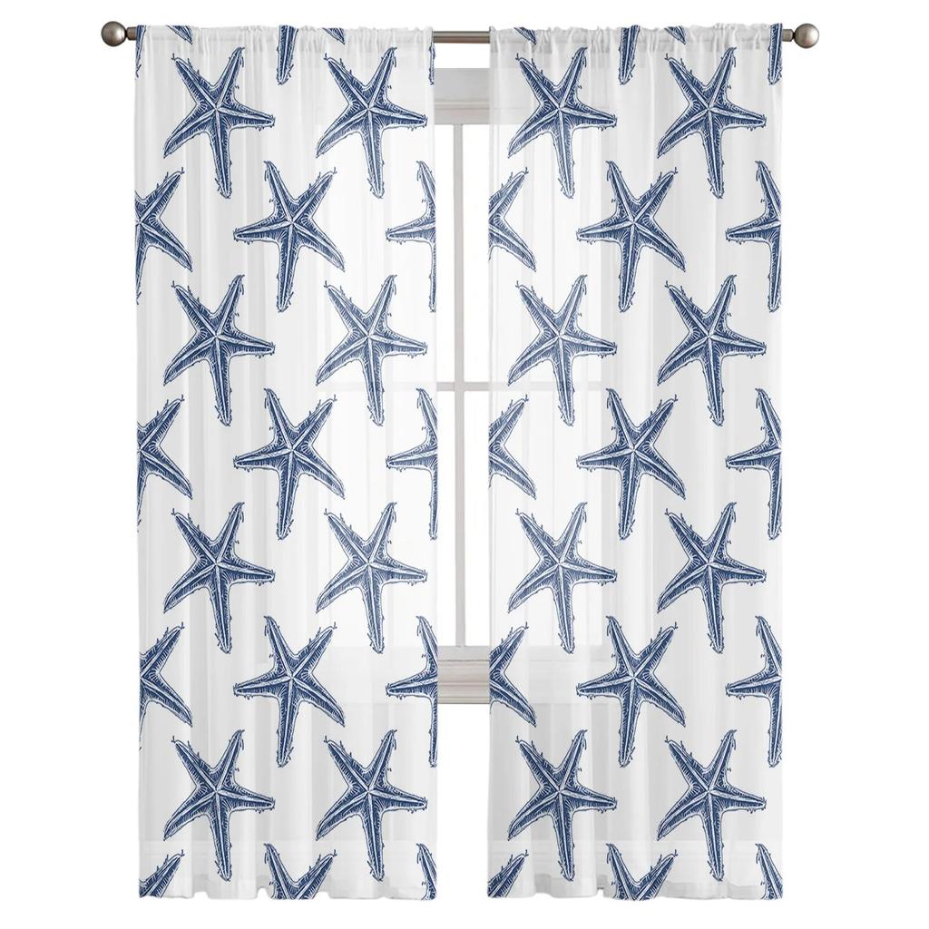 Sommer Sjøstjerne Teksturert Marineblå Soverom Gjennomsiktige Gardiner Feriedekorasjon Vindu Voile Tyllgardin
