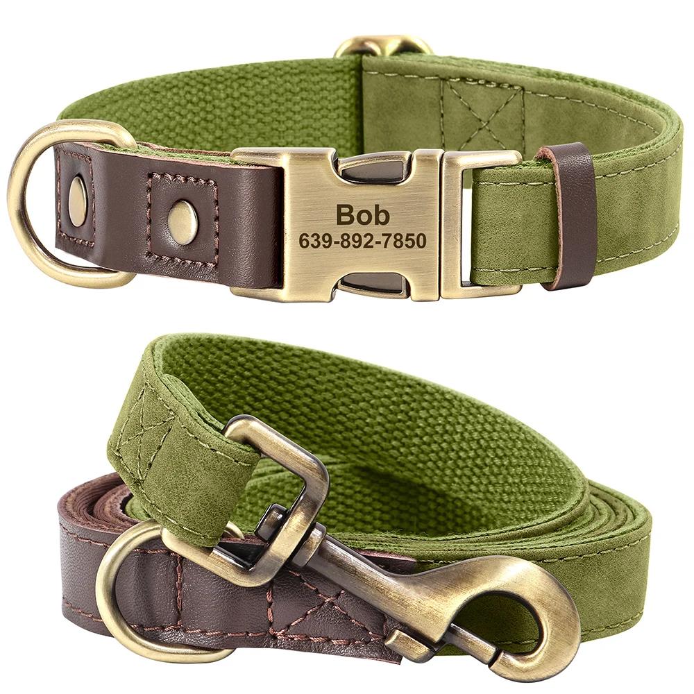 Personalized Leather Dog Collar and Leash Set Custom Engraved Nameplate ID Tag for Small Medium Large Dogs