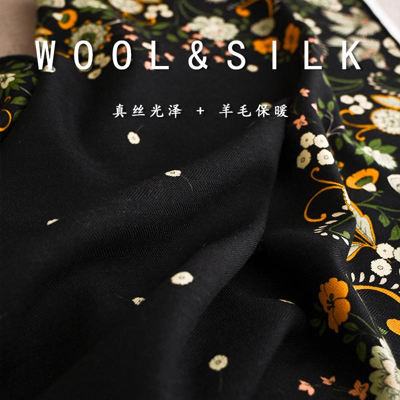 Retro elegant black background floral silk wool silk scarf double-sided printing hand-curled edge temperament silk shawl scarf