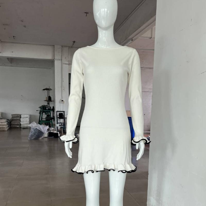 Knitted Mini Dress For Women Fungus Contrast Color Slim Sweater Dress Elegant Female Party Clothes Long Sleeve Spring New Dress