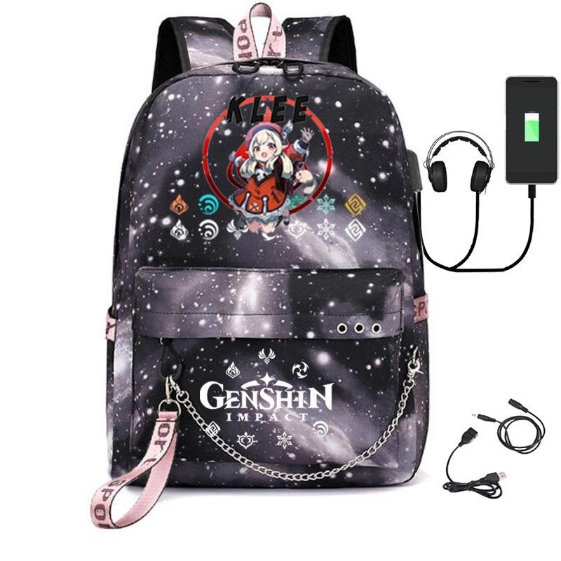 Printed Iron Chain Usbgenshinimpact Yuanshen Backpack Leisure Middle School Student Travel School Bag
