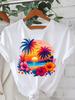 Women's Hawaiian T-Shirt - Slim Fit Short Sleeve Round Neck with Hibiscus, Palm Tree & Surf Print -