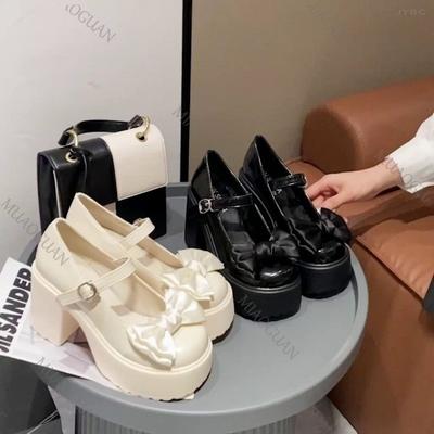 Weiße runde Plateauschuhe mit hohem Absatz für Damen Mary Jane Schuhe Retro Schleifen Elegante Pumps Klobiger Absatz Frühling Damen Hochzeitsschuhe