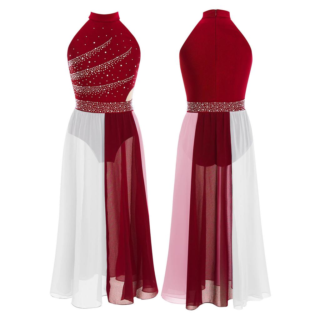 Dívčí moderní lyrické taneční šaty bez rukávů s falešným výstřihem, šifonový kostým s kamínky, barevný blok, boční rozparek a skrytý zip