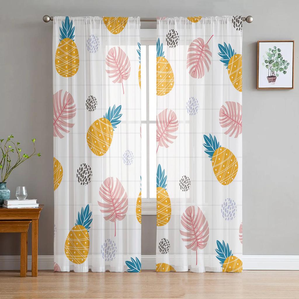 Yellow Pineapple Fruit Flower Tulle Curtains Living Room Bedroom Decoration Transparent Chiffon Voile Window Curtain Light Filtering For Polyester