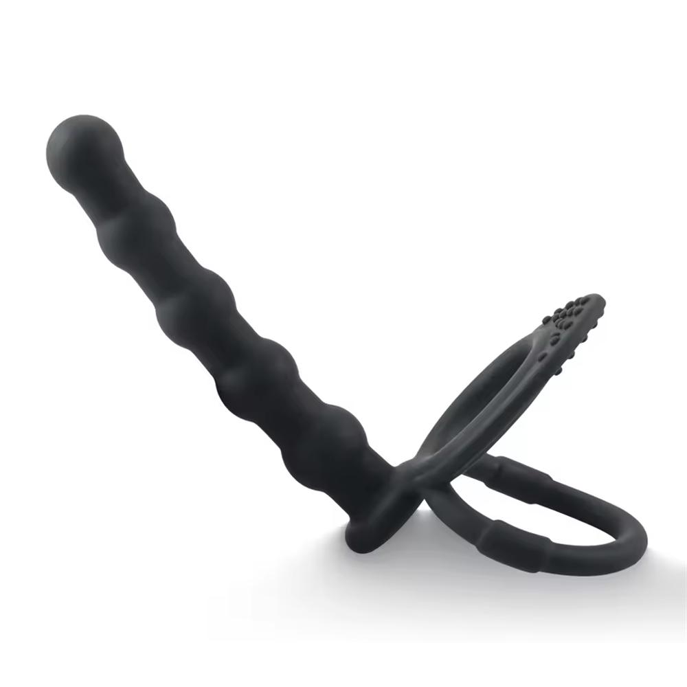 Double Penetration Anal Plug Couples Silicone Pull Beads with Penis Ring Delayed Ejaculation Butt Plug Cock Ring Masturbator Toy