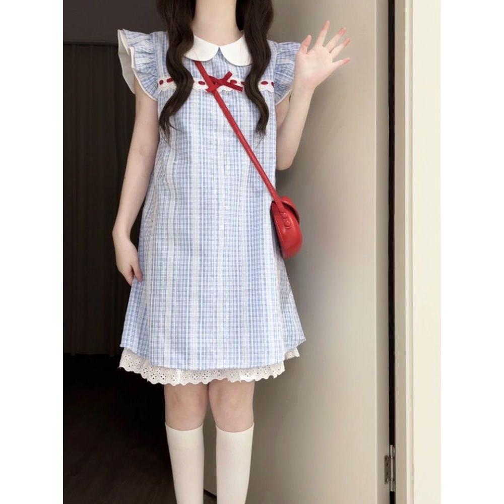 Japanese gentle and sweet small man college style design wide small flying sleeve dress women's loose age-reducing doll collar splicing
