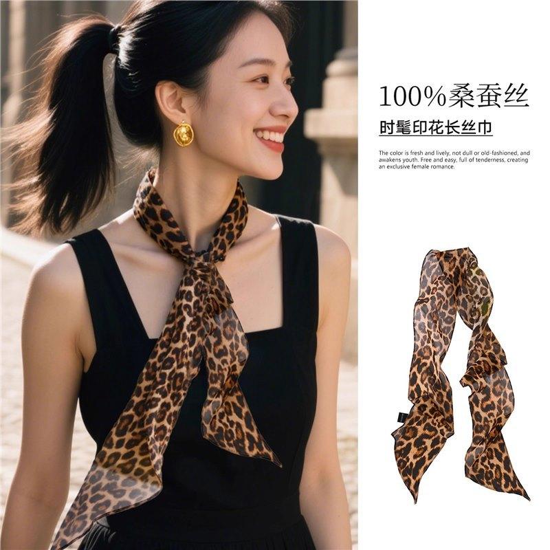 100% mulberry silk georgette 10 * 145 leopard print scarf women s spring summer thin thin strip silk scarf standard