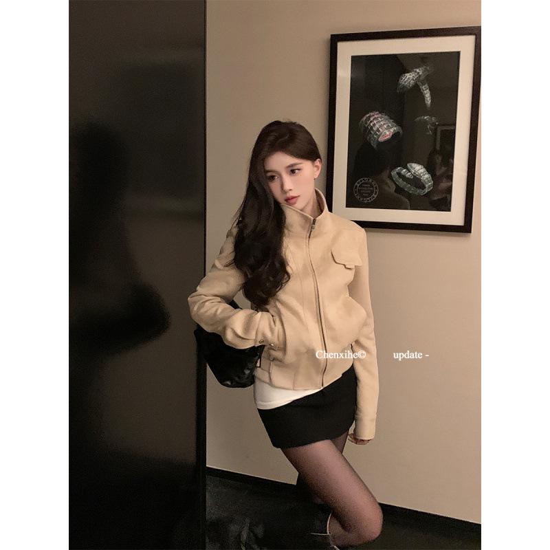 Women s Korean Style Retro Faux Suede Slim Fit Motorcycle Jacket Small легкие хаки