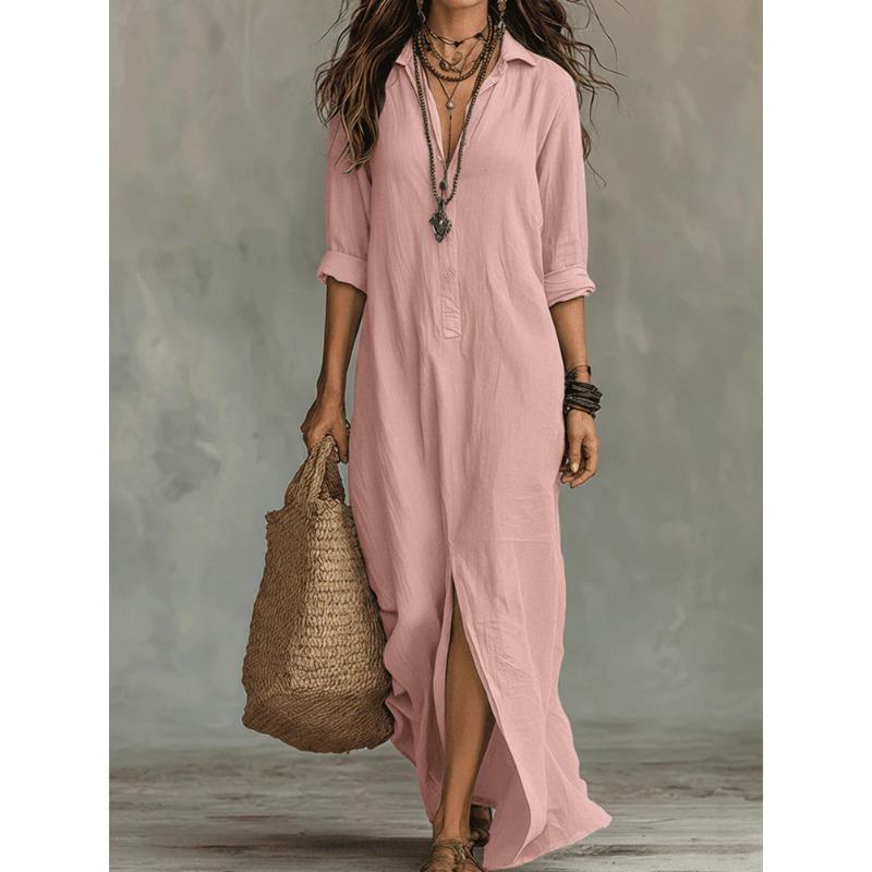 2026 Vestito da Donna Casual Ampio Elegante Boho Monocolore Semplice Spacco Laterale Manica Lunga Vestito da Festa Vestito Camicia Aderente Abiti da Ufficio per Donna