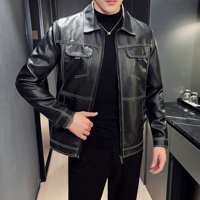 Zimowa, elastyczna, cienka męska kurtka retro motocyklowa ze skóry PU z trójwymiarowymi kieszeniami, metalowymi guzikami w stylu pracy. Miękka skórzana kurtka