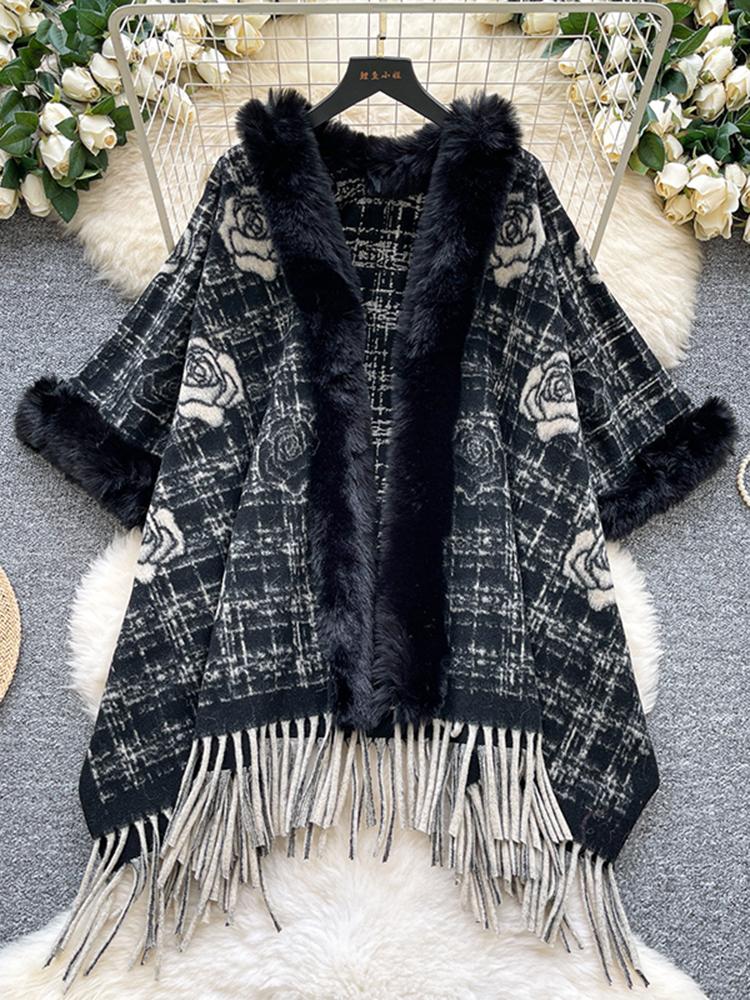 Autumn Winter Vintage Outerwear with Fur Collar Knitted Cardigan Tops for Women Loose Elegant Plaid Shawl Cloak Coat L66