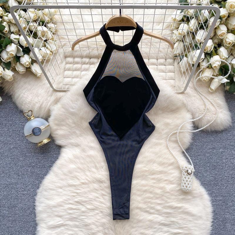 

Fashion Sexy Style Halterneck Jumpsuit Women Stylish Heart-Shaped Multi-Part Sheer Mesh Bottoming Shirt Sexy Top Women Black S