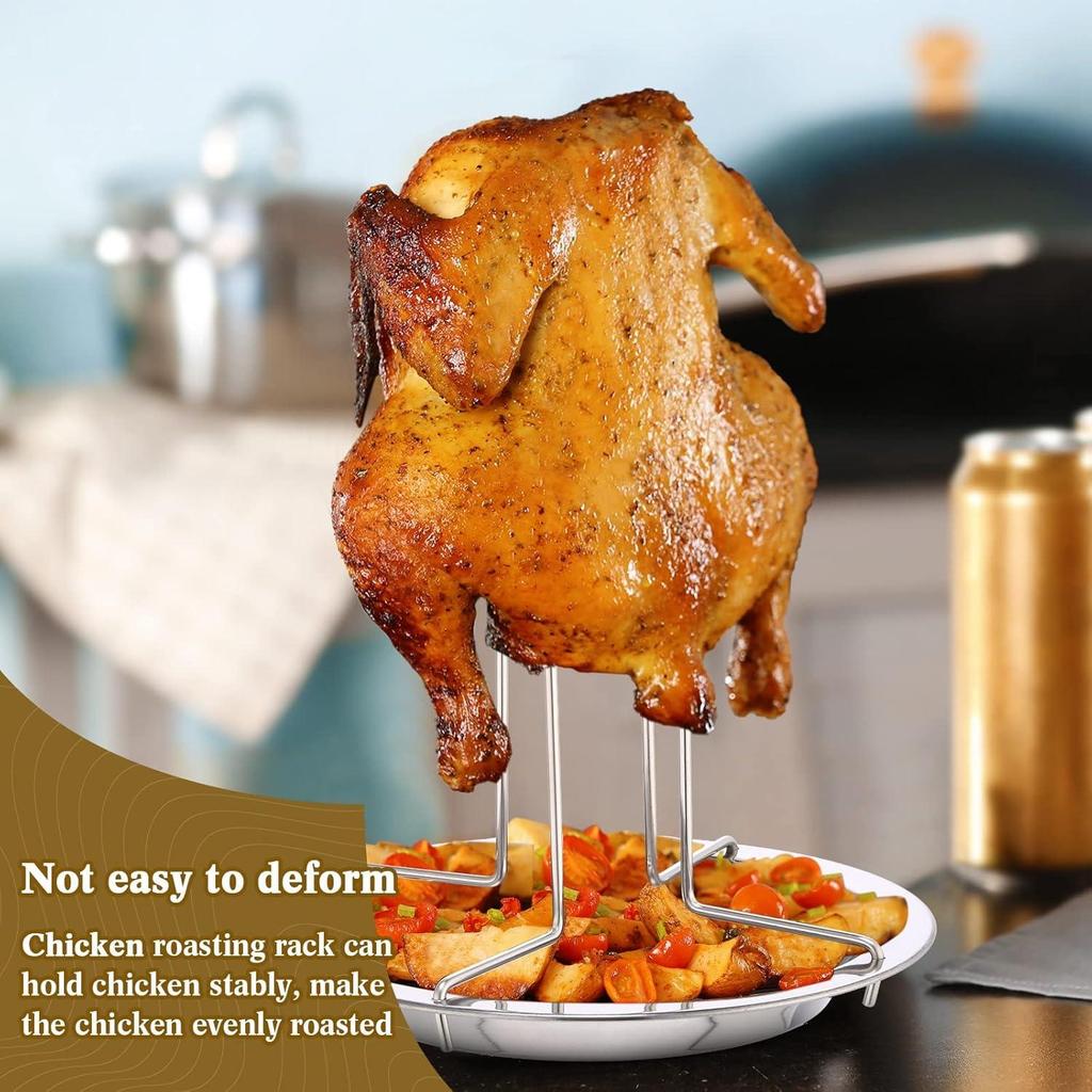 silver Stainless Steel Chicken Roaster with Oil Tray, Turkey Roaster Stand, Vertical Chicken Roaster for Kitchen BBQ, Stainless Steel BBQ Chicken