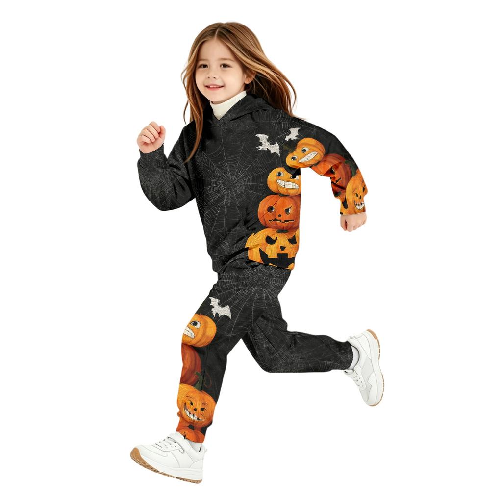 Kids Hooded Halloween Print Outfit Set with Pockets for Costume Party