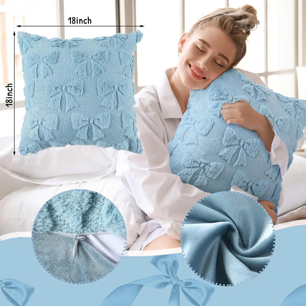 2Pcs Bow Throw Pillows, Quilted Plush Soft Decorative Cushion Cover for Sofa Bedroom Chair, Home Decor